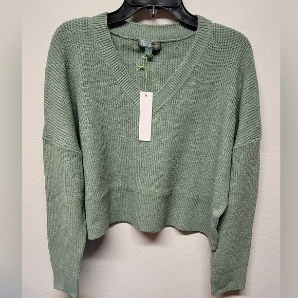 Good Luck Gem ribbing crop v-neck sweater Granite Green - Picture 1 of 4